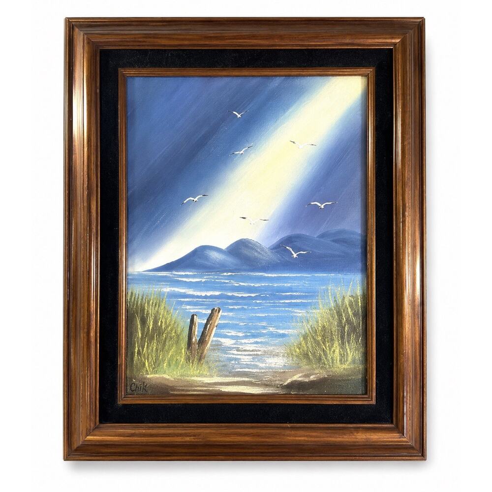 Original Coastal Seascape Oil Painting Seagulls Ocean Scene Framed Signed 15x18